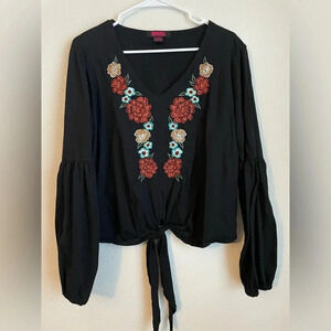 Elegant Black 3/4 Sleeve Blouse with Tie Front and Red Embellishments